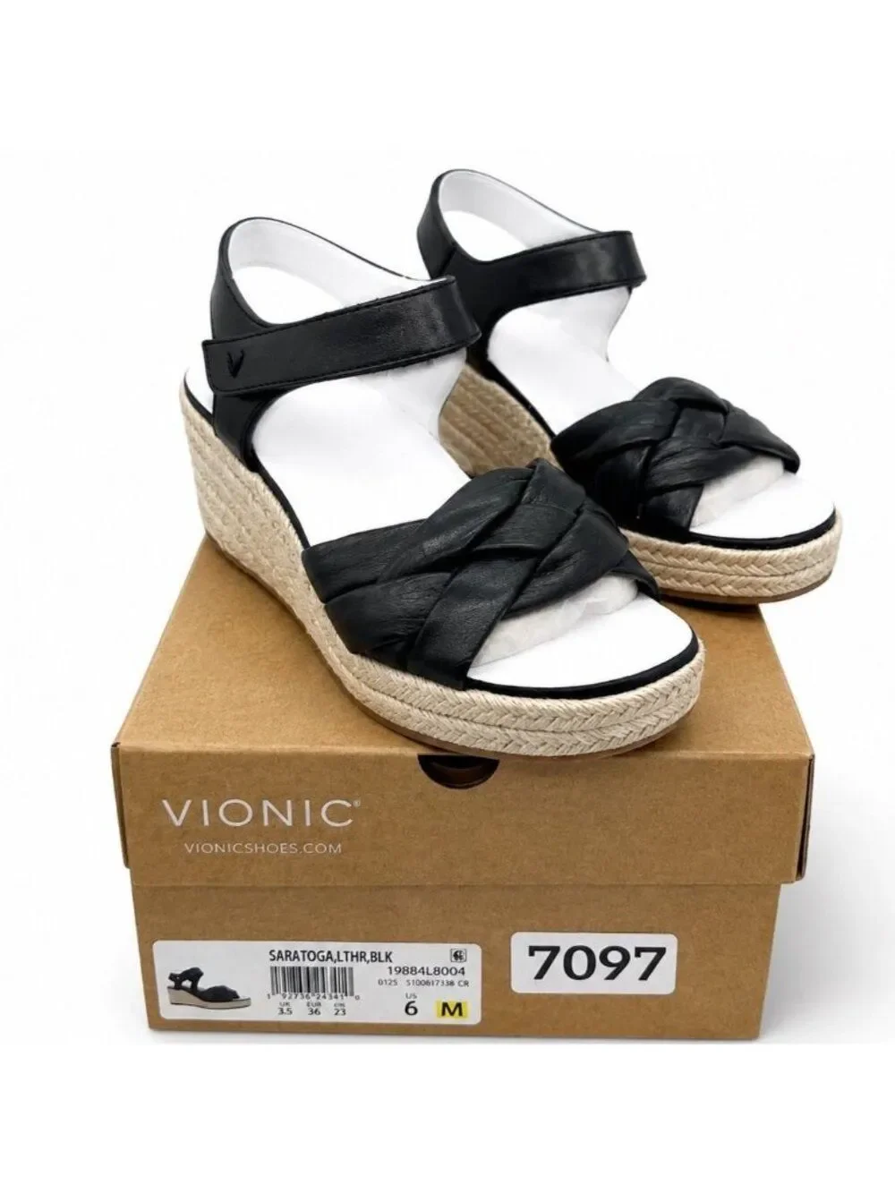 Vionic Saratoga Supportive Black Leather Espadrille Wedge Sandals Womens 6